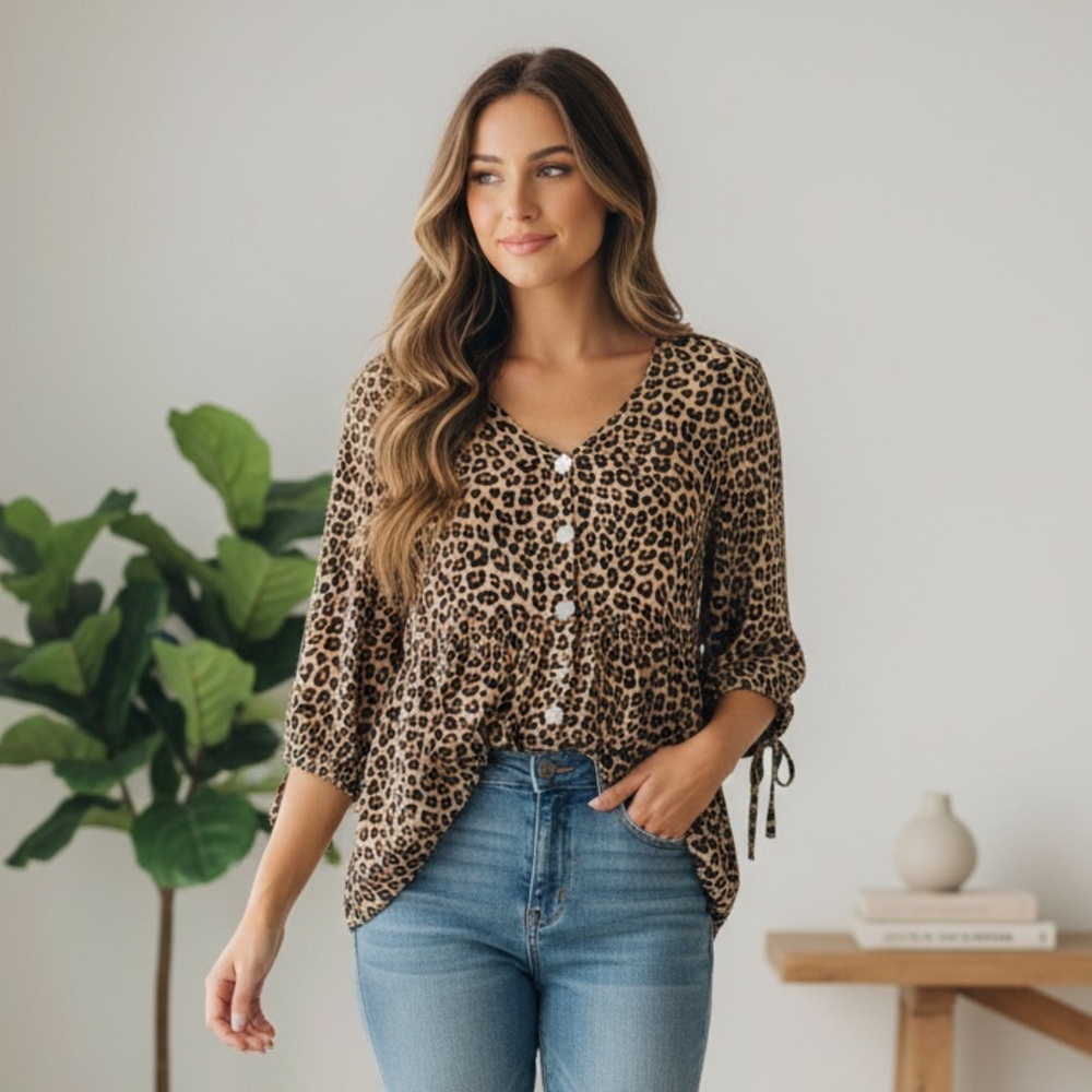 Entro Leopard Print Button Down Blouse Tie Sleeve V-Neck Pockets Boho Chic Small
